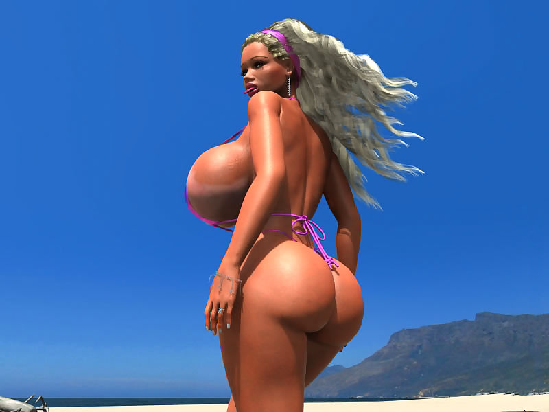 Blonde 3d Babe in Bikini blinkt Ihr massive Titten bei die öffentliche Strand Teil 438