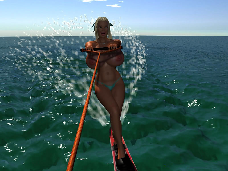 Topless groot breasted 3d Blond hottie wakeboarden Onderdeel 436